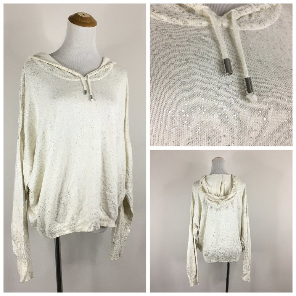 CALVIN KLEIN Long Sleeve White Silver Knit Hoodie Pullover Sweater